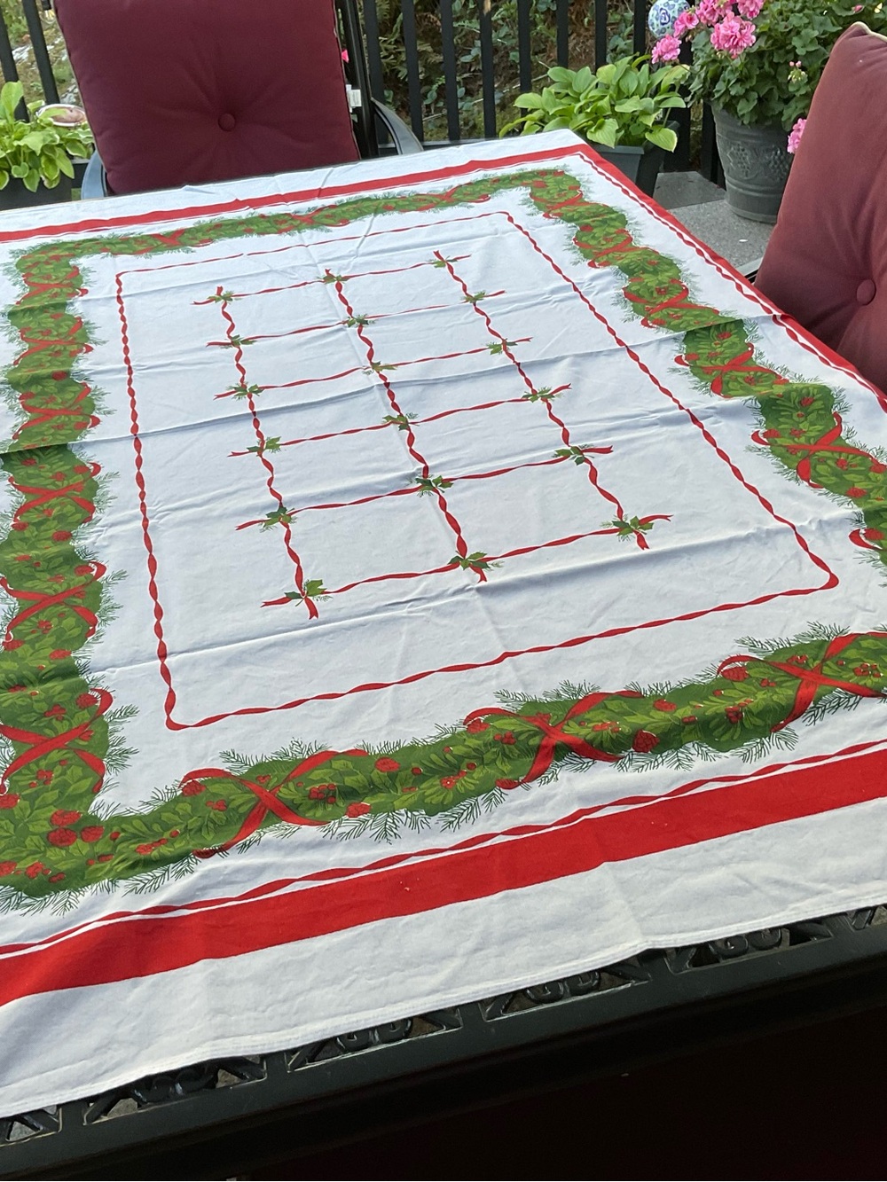 Holiday Tablecloth with Green & Red Wreath Border - Unbranded
